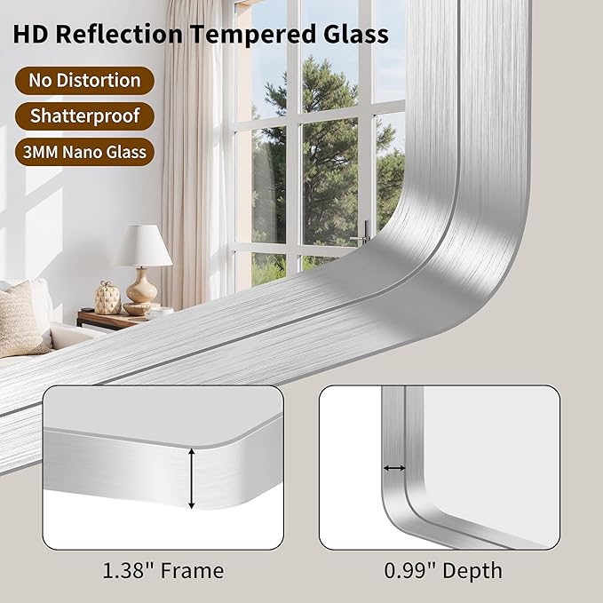 FORBATH 48x40 Inch Large Bathroom Mirror, Brushed Silver Deep Frame Wall Mirror with Rounded Corners, Anti-Rust Tempered Glass for Modern Farmhouse Vanity (Horizontal/Vertical)