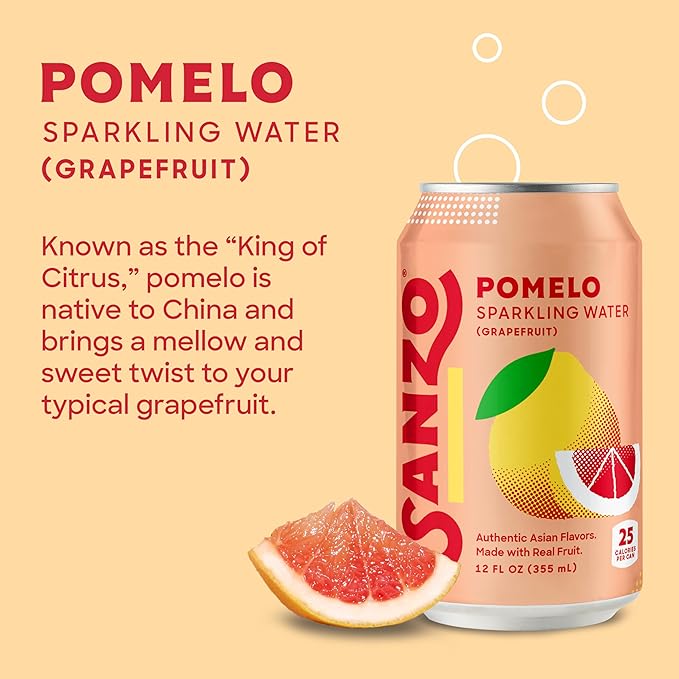 Sanzo Flavored Sparkling Water - Pomelo Grapefruit Seltzer - Low Calorie Low Sugar - Craft Asian Drinks - Vegan Gluten Free Carbonated Flavored Water - Fizzy Bubbly Healthy Drinks - 12oz, 12 Pack