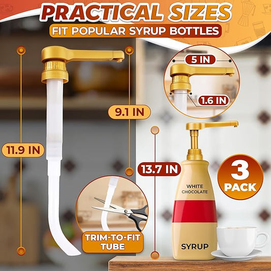 Pump for Coffee Syrup Bottle Set of 3 – Compatible with Torani, Davinci (64oz), and Ghirardelli (87-90oz) Bottles | Sauce Pump Dispenser 0.5oz Each Press – Adjustable Long Tube & Lockable Design