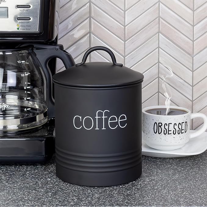 AuldHome Design Enamelware Black Coffee Canister; Modern Farmhouse Style Coffee Storage for Kitchen