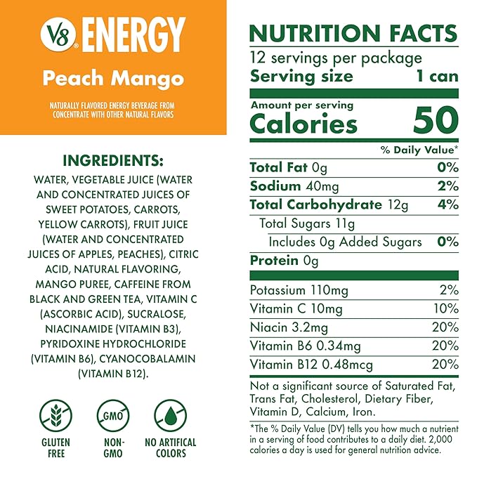 V8 Energy Peach Mango Energy Drink, 8 fl oz Can (12 Pack)