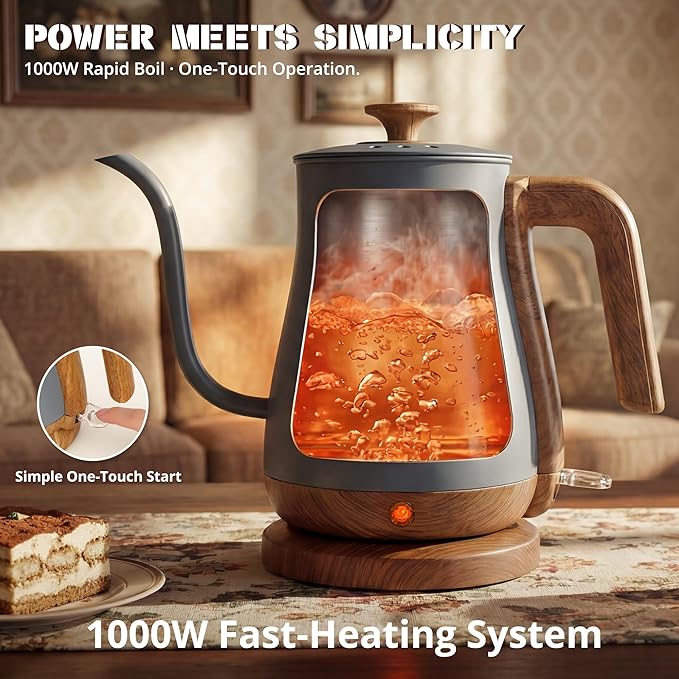 Gooseneck Electric Kettle, Electric Tea Kettle Stainless Steel, Electric Kettle for Coffee, 1000W Kettle Electric Auto Shut Off, 0.8L, Wood-like Grain Finish Handle, Gray