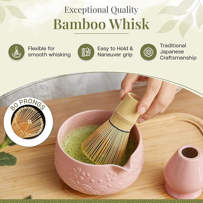Matcha Whisk Set 9pcs – Matcha Tea Set with Ceramic Matcha Bowl, Bamboo Whisk (Chasen), Scoop, Sifter | Matcha Kit for Japanese Tea Ceremony & Beginners(Pink)