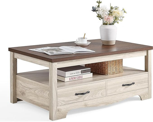 LINSY HOME Farmhouse Coffee Table with Storage, Wood Coffee Table for Living Room, Open Display Area and Storage Drawers with Metal Handles, Chic Style with Curved Base. Oak and Brown