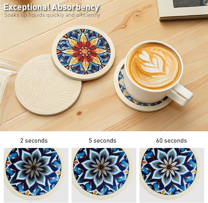 Indigo Floral Non-Slip Silicone Coasters, 4-Pack Double-Sided Absorbent Cup Mats for Hot & Cold Drinks, Scratch & Water Ring Protection for Wood Tables, Home Office Bar Use (4PC Wanda La)