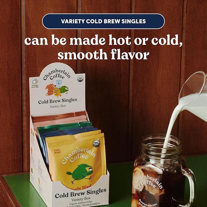 Chamberlain Coffee Cold Brew Variety Box – 10 Single Serve Bags w/Different Flavors for Cold Brew or Iced Drinks - Ideal for Summer Use, at Home, Camping, or Travel - Coffee Gift Set for Any Occasion