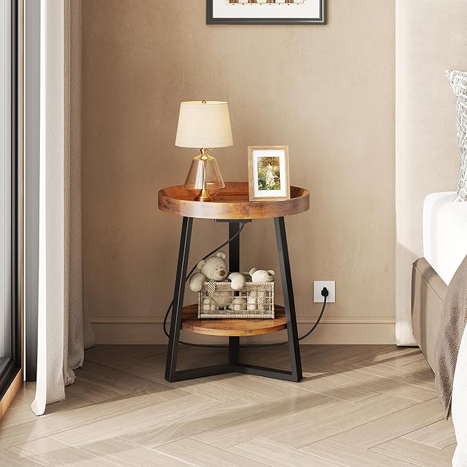 WLIVE Round End Table with Charging Station, Small Round Coffee Table, 2 Tier Side Table for Living Room/Bedroom, Sofa Couch, Wood Tabletop & Metal Frame, Rustic Brown