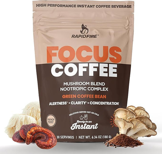 Focus Coffee Mushroom Blend, Nootropic Complex Coffee, Supports Alertness and Clarity, (Lion’s Mane, Cordyceps, Turkey Tail) Green Coffee Bean Instant Coffee for Focus & Gut Health, 30 Servings