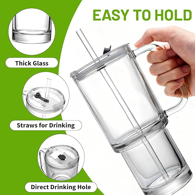 28oz Glass Coffee Cups with Lids and Straw,2 Pack Glass Tumbler with Handle for Cold & Hot Drinks Wide Mouth Travel Mug for Smoothies,Beer,Tea,Juice and Iced Coffee Cups with Lids and Straw