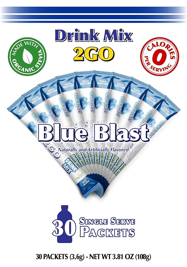 GramZero 2GO Sticks - Blue Blast, Zero Calorie Sugar Free Drink Mix, Stevia Sweetened, Great For Nutrition Club Loaded Tea To Go Kits