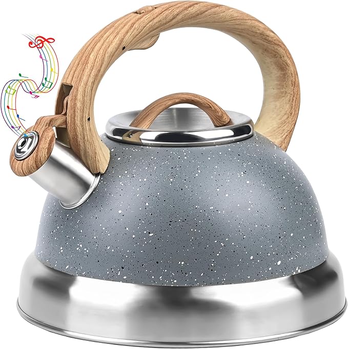 3 Quart Whistling Tea Kettle for Stovetop – Stainless Steel Teapot with Loud Whistle, Cool-Touch Wood Handle, Rust-Resistant Base & Natural Stone Finish (Gray)