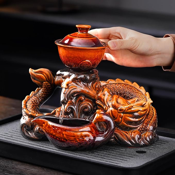 Semi Automatic Tea Set Ceramic Teapot with Infuser Magic Teapot with 8 cups (Yellow Dragon-D)