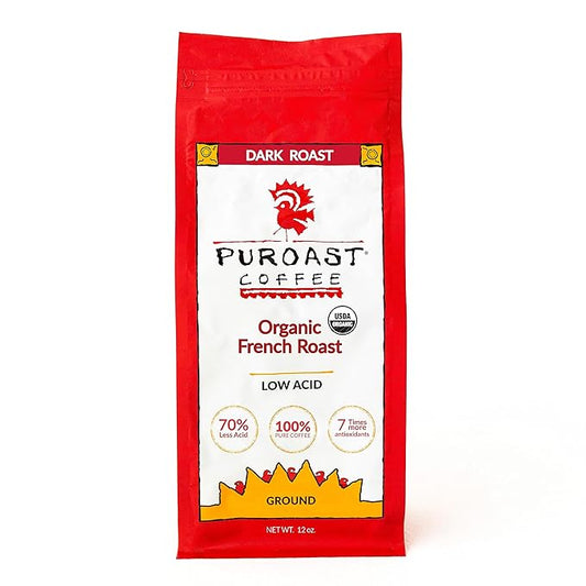 Puroast Low Acid Coffee Ground | Organic French Roast Ground | Dark Roast | High Antioxidants & High pH |No Bitter Aftertaste | Reduced Heartburn & GERD | Suitable for Cold Brew - 12 oz