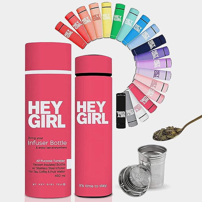 Hey Girl Tea Infuser Bottle 450ml - Insulated Stainless Steel Water Bottle - Tea Tumbler with Tea Diffuser - Portable Travel Mug for Loose Leaf Tea & Infused Water - Tea Lovers Gifts for Women