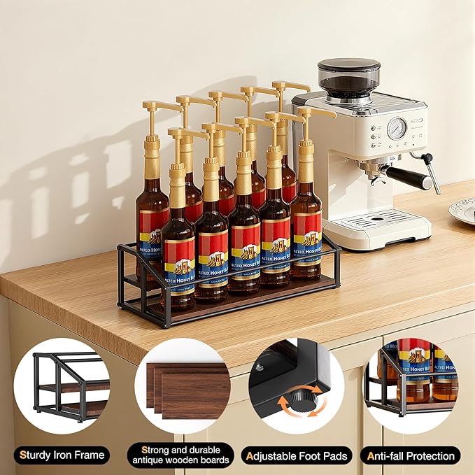 kimilus Coffee Syrup Organizer Rack, Liquor Bottle Display Shelf, 2 Tier 10 Syrup Bottles Holder Stand for Coffee Bar Kitchen Small Wine Rack for Family Storage for Syrup Wine Dressing