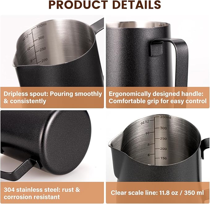 HOMEE Milk Frothing Pitcher,Espresso Steaming Pitcher Stainless Steel 12oz,Milk Frothing Jug With V-shaped Spout and Teflon Coating,Barista Tool Milk Steam Pitcher for Kitchen Bar, Latte Art