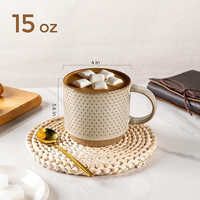 GBhome 15OZ Stackable Coffee Mugs, Ceramic Coffee Mugs with Texture Patterns for Man,Woman,Dad,Mom, Modern Coffee Mugs Set of 4 for Latte/Cappuccino/Cocoa. Dishwasher&Microwave Safe, Pale Khaki