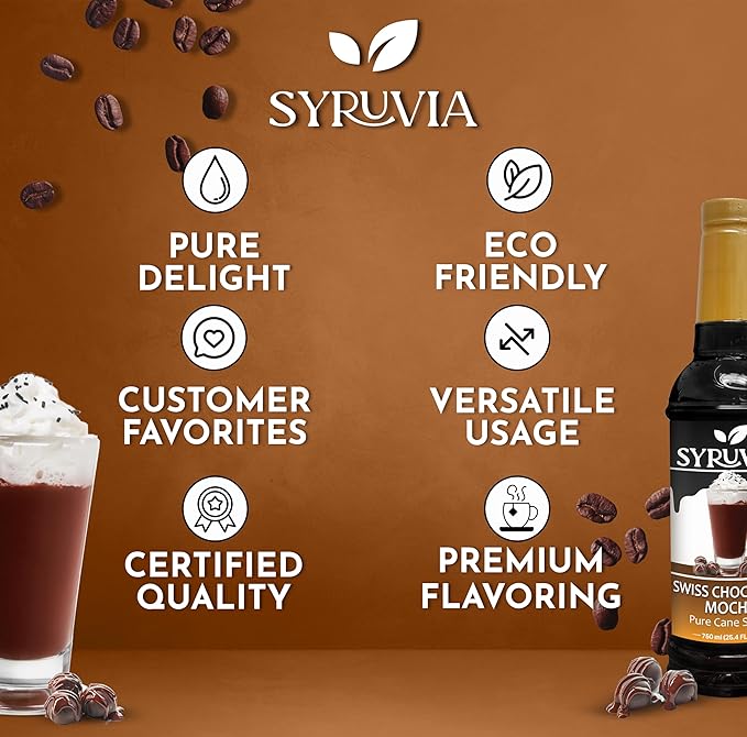 Syruvia Coffee Syrup, Swiss Chocolate Mocha Flavored Syrup for Drinks, Lattes, and Desserts – 25.4 fl oz,