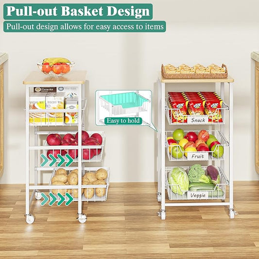 Giwil Vegetable Fruit Basket for Kitchen Pantry Organizers Storage, 4-Tier Utility Rolling Cart on Wheels with Wood Top and Drawer Wire Baskets for Onions Potatoes Snacks, White