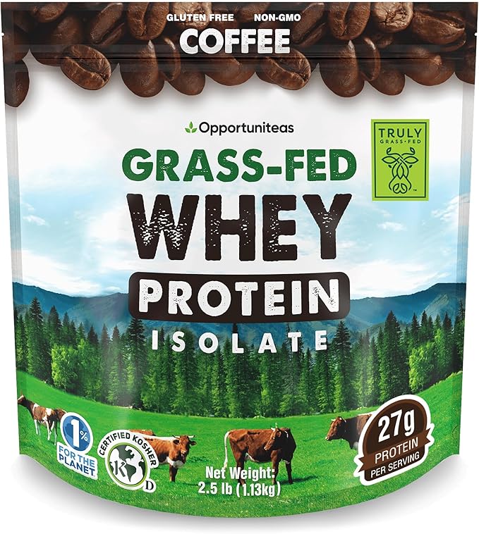 Opportuniteas Grass Fed Coffee Whey Isolate Protein Powder – 27 g Protein per Serving, Heavy-Metal Tested, Made with Real Colombian Coffee, Non-GMO, Hormone-Free, Sourced from Ireland, 2.5 lb
