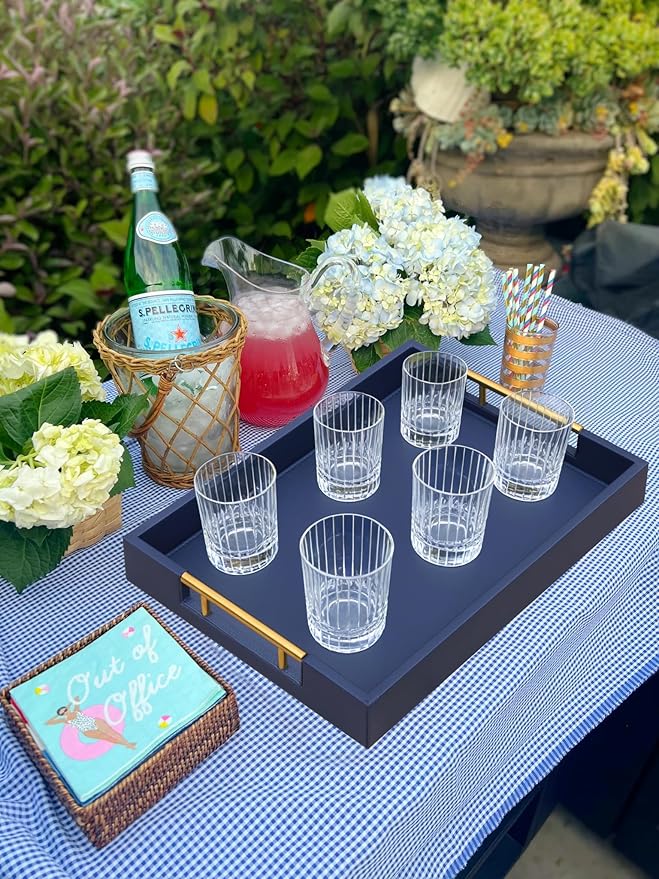 HofferRuffer Faux Leather Serving Tray with Gold Metal Handles, Stylish Decorative Tray Organizer for Coffee Table, Ottoman, Home Decor and Serving (Blue, 16.2" x 12.2" x 2")