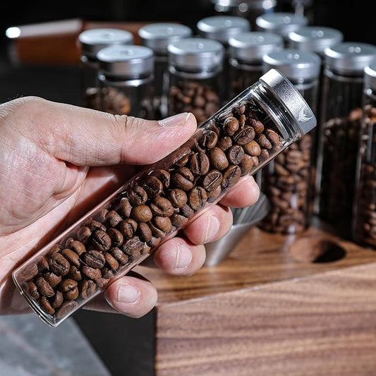 Single Dose Coffee Bean Storage Tubes Espresso Bean Cellar 12pcs One-Way Exhaust Valve Lids Glass Dosing Vials With Walnut Stand & Stainless Steel Funnel