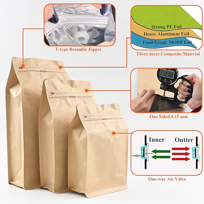 12mil Stand Up Coffee Bags, Flat Bottom Pouch with one-way Air Release Valve and Reusable Side Zipper(Craft Paper, 100PCS-Small-0.5lb/8oz/250g)