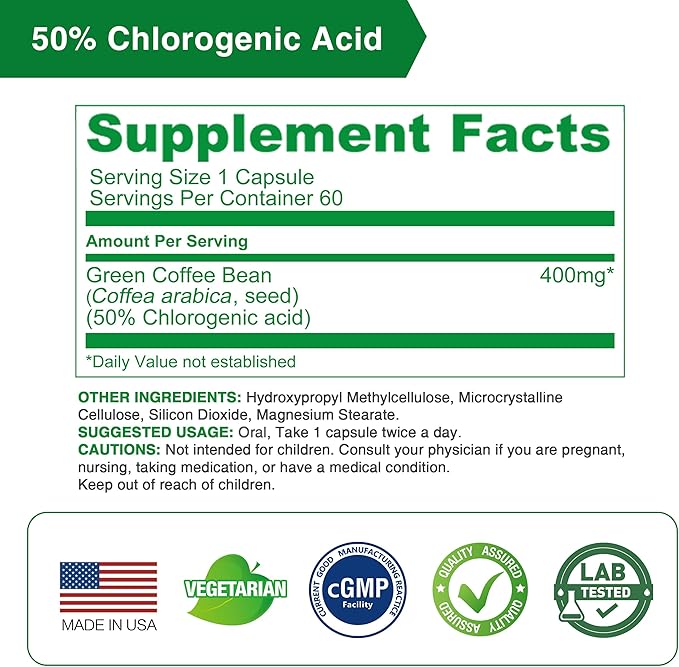 Lovita Green Coffee Bean Extract, 50% Chlorogenic Acid for Metabolism, Energy & Weight Management, 800 mg per Day, Vegan, Non-GMO, Gluten-Free, Natural Antioxidant Supplement, 180 Capsules