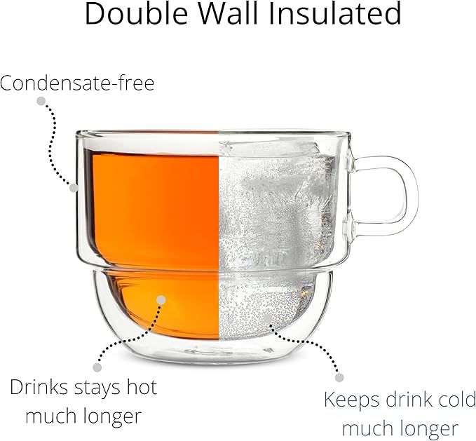 BTaT- Double Walled Stackable Glass Coffee Mugs, 16 oz, Set of 4, Glass Coffee Cups with Handle, Insulated Clear Coffee Mug for Hot and Cold Beverages, Cappuccino, Latte, Tea, Americano