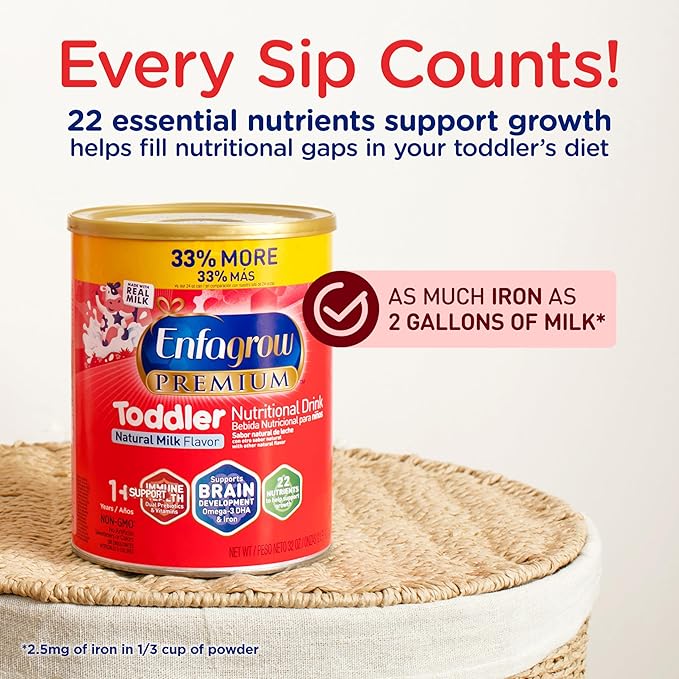 Enfagrow NeuroPro Toddler Nutritional Drink, Made with Real Milk, Brain-Building Omega-3 DHA, Nutrients and Prebiotics for Growth & Immune Support, Non-GMO, Toddler Milk Powder, 32 Oz Can (Pack of 2)