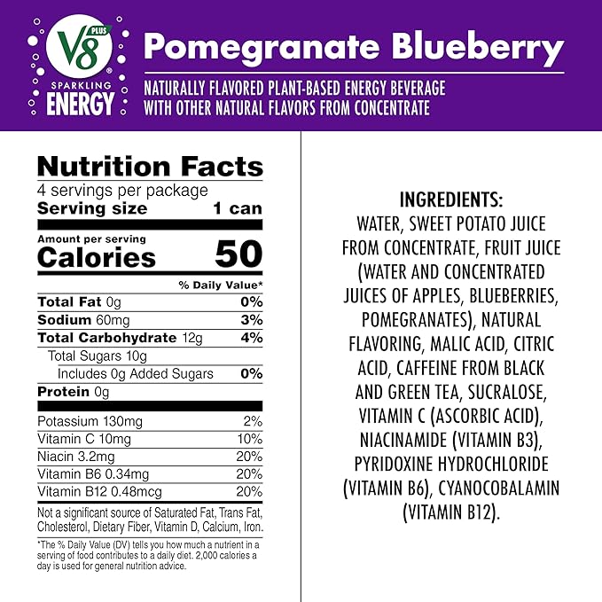 V8 +Energy Sparkling Pomegranate Blueberry Juice Energy Drink, 11.5 fl oz Can (24 Pack)