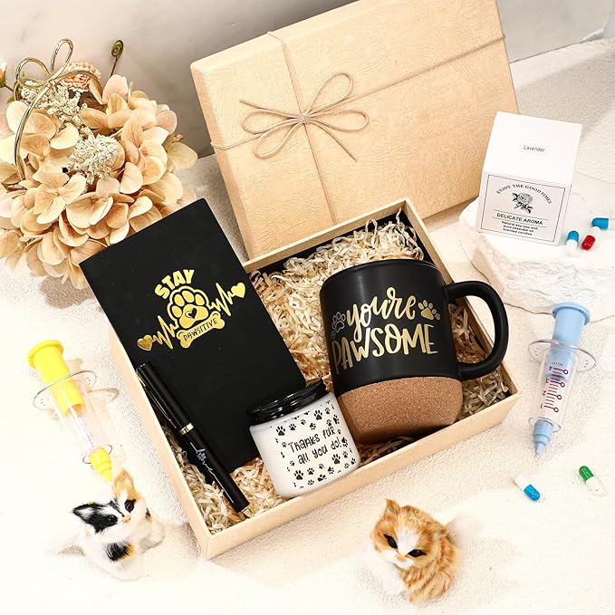 4 Pcs Veterinary Gifts Set Black Thank You Gift for Cat Dog Groomers Trainer Coffee Mug Scented Candle Notebook Pen for Vet Tech Veterinary Assistant Receptionist Dog Sitter Daycare Coworker