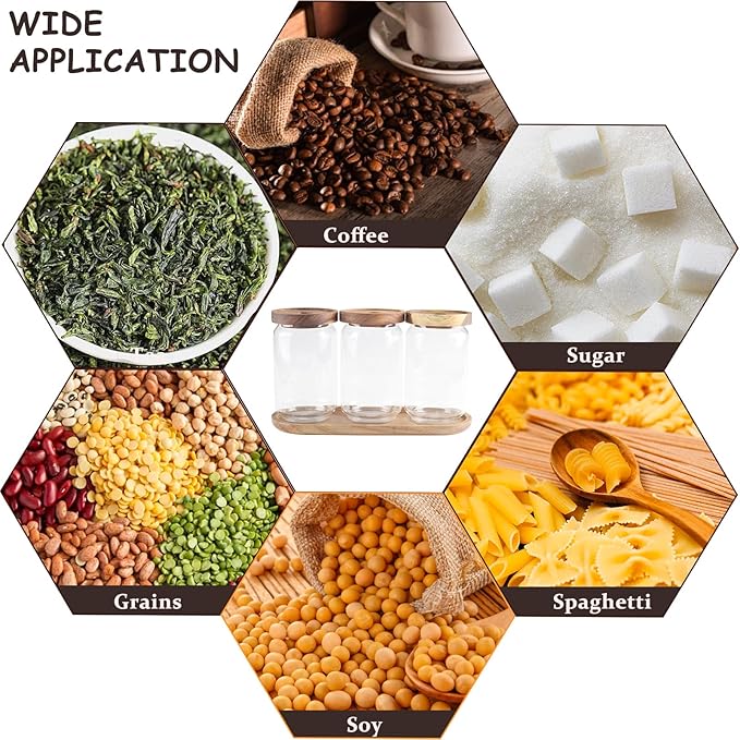 Glass Food Storage Containers with Lids, Airtight Kitchen Canister Set of 3, Pantry Organizers and Storage for Tea,Coffee,Sugar,Beans,Espresso,Rice,Flour, Cereal,Scoop,Bar Accessories,Gifts