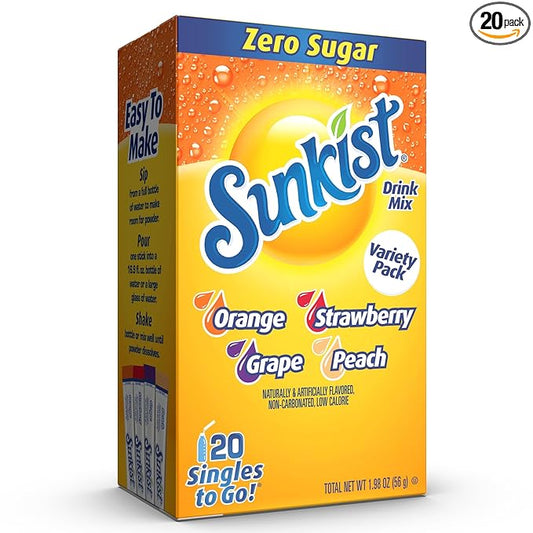 Sunkist Soda Variety Pack, Singles To Go Orange, Strawberry, Grape and Peach (20 Total Sticks)