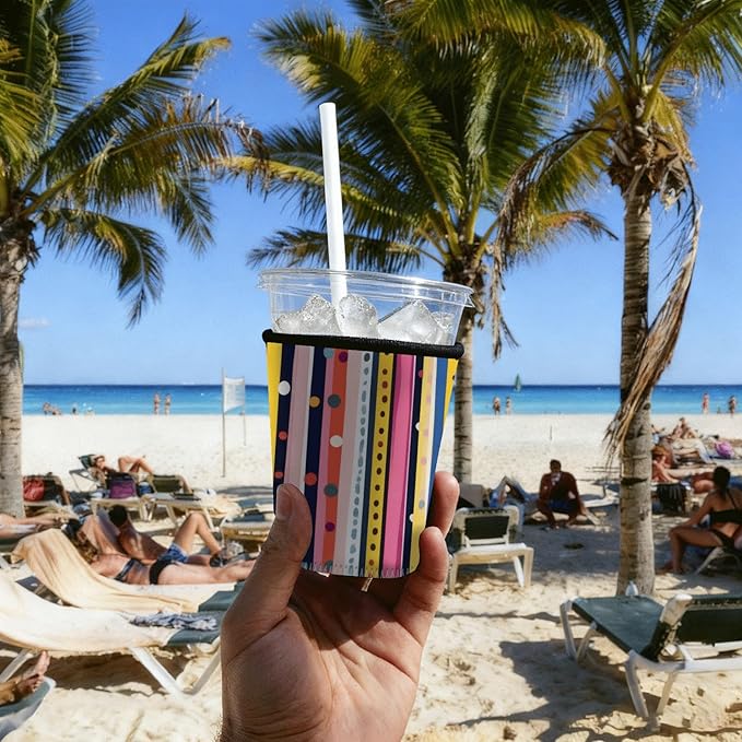 Neoprene Iced Coffee Sleeve 3 Pack, Reusable Insulated Cup Holder with Colorful Stripe & Polka Dot Pattern, Fits 16–32 oz Tumblers, Compatible with Starbucks & Dunkin