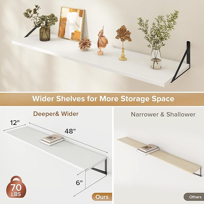 Deep Floating Shelves Wall Mounted, 48"x12" White Wall Shelves with Brackets Set of 2 for Bedroom, Living Room, Bathroom, Kitchen, Office - Storage & Display Shelf for Decor, Books, Plants