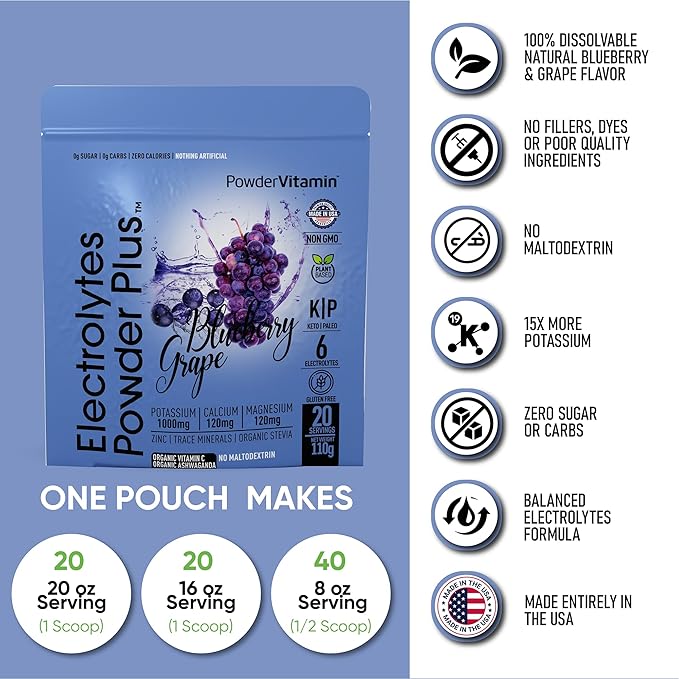 PowderVitamin Electrolytes Powder Plus (20 Servings) Blueberry Grape Electrolyte Powder Zero Calorie Keto,0 Sugar, No Maltodextrin,1000mg Potassium,120mg Calcium,120mg Magnesium, Pink Himalayan Salt