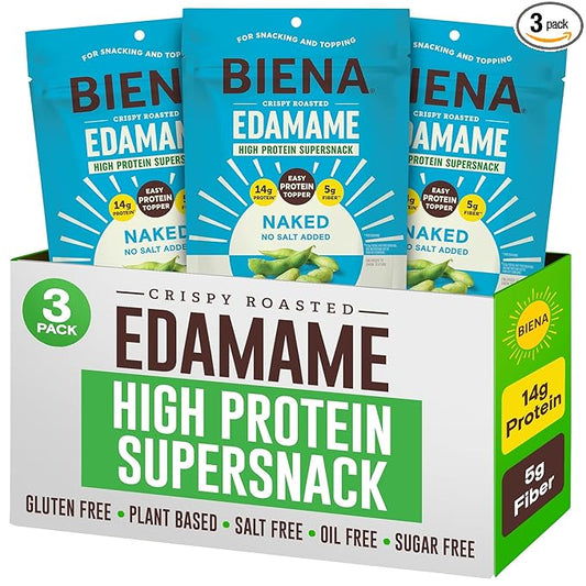Biena Crispy Roasted Edamame Beans Snack – Naked – No Salt Low Sodium High Protein Snack for Adults & Kids, 14g Protein per Serving – Sugar/Oil/Salt Free – Vegan, Low Carb, Gluten-Free – 3-Pack 4.75oz