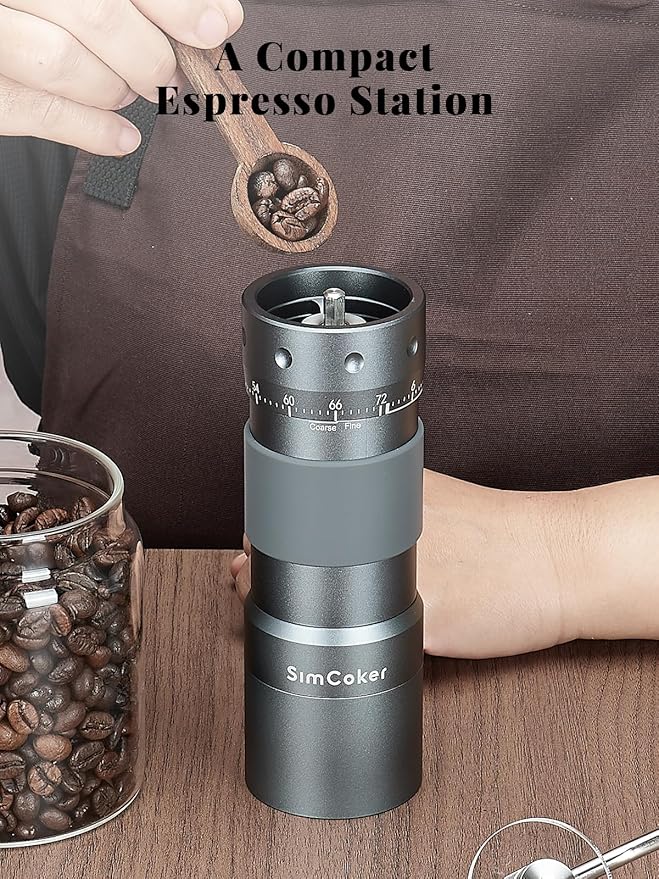 SimCoker Manual Coffee Grinder, 16μm/Click, Espresso Grinder with CNC Stainless Steel Conical Burr, Numerical External Adjustable Setting, Aluminium Body, Compatible with Drill, Grey