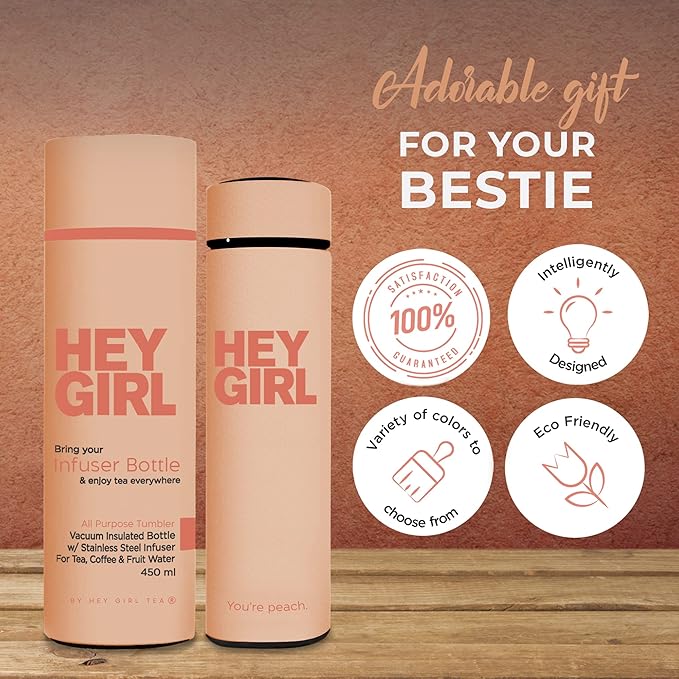 Hey Girl Tea Infuser Bottle 450ml - Insulated Stainless Steel Water Bottle - Tea Tumbler with Tea Diffuser - Portable Travel Mug for Loose Leaf Tea & Infused Water - Tea Lovers Gifts for Women