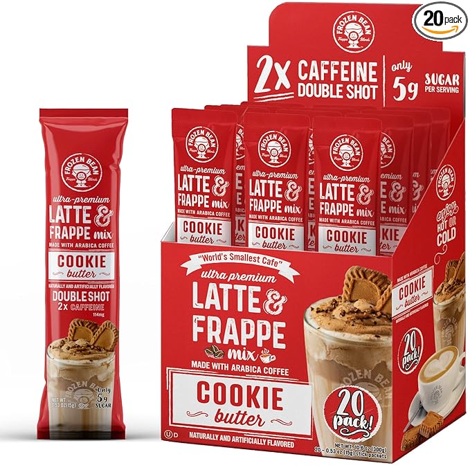 The Frozen Bean Cookie Butter Frappe & Latte Instant Mix (20 Sticks), Made with Arabica Coffee, Double Shot Caffeine, Low Sugar & Premium Ingredients, Hot, Iced, or Blended Drinks