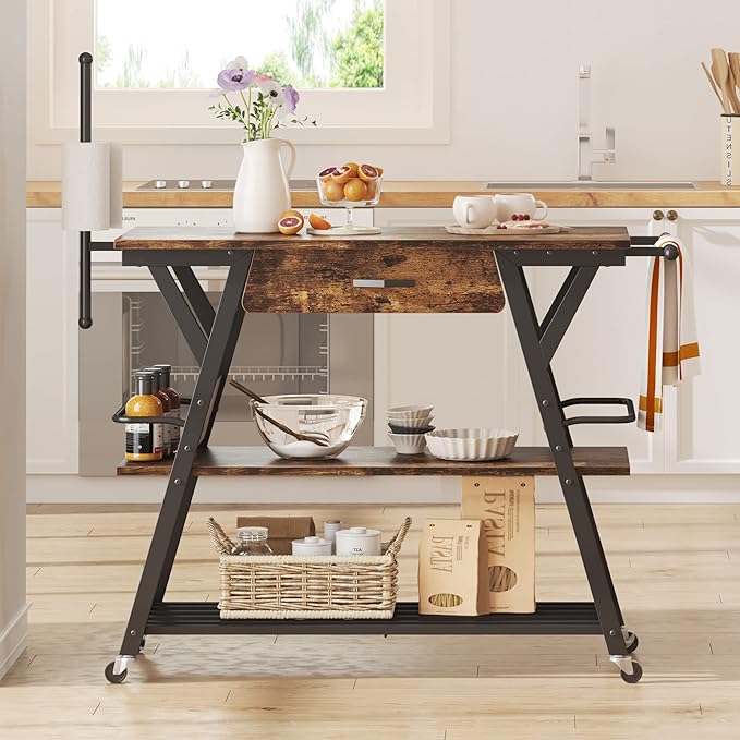 Bestier Coffee Cart Station, 48" W Coffee Bar Cart with Storage Drawer, Mobile Kitchen Island on Lockable Wheels, Coffee Bar Table with Paper & Towel Holder for Dinning Room Living Room, Rustic Brown