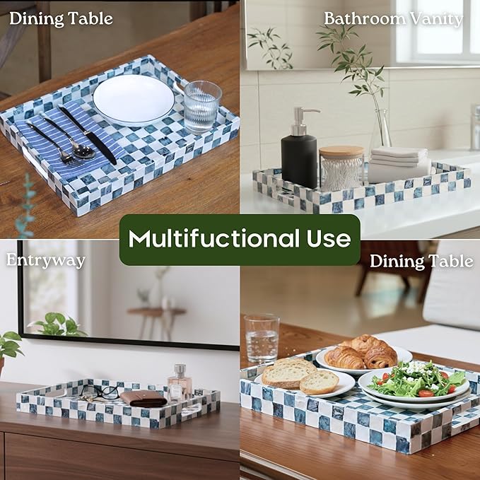 15.8" x 11.8" Decorative Rectangular Tray with Natural Capiz Shells, Checkered Tray with Handles, Serving Tray for Ottoman, Coffee Table, Kitchen Counter Home Decor (Navy Blue)