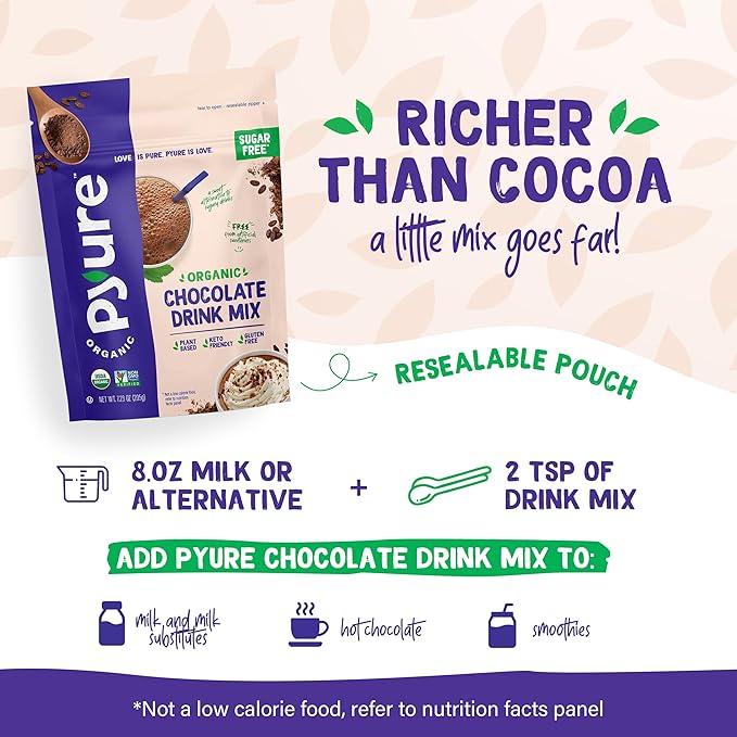 Pyure Organic Sugar Free Chocolate Drink Mix | Low Carb Chocolate Milk Powder with Cocoa | Keto, Vegan, Gluten-Free, Plant-Based | 1 Net Carb, Zero Sugar, Non-GMO, USDA Organic | 7.23 oz (Pack of 2)