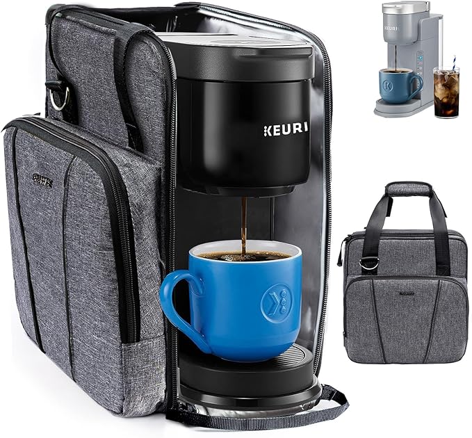 BAGSPRITE Keurig K-Express Coffee Maker Travel Bag, K-Iced Single Serve Brewer Carrying Case with Multiple Pockets for K-Cup Pods, Storage Bag With Shoulder Strap