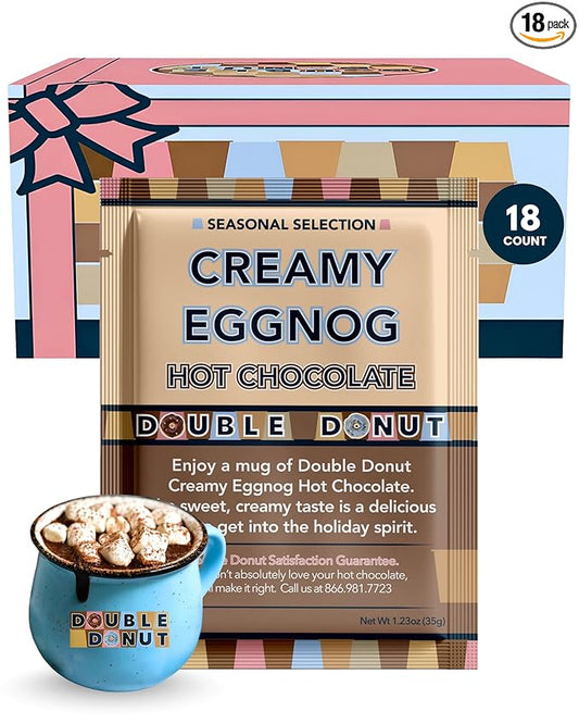 Double Donut Coffee Creamy Eggnog Hot Chocolate Mix Packets, Flavored Eggnog Hot Cocoa Mix, 18 Count