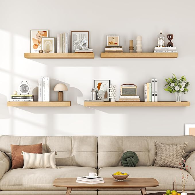Dreamland 48" Floating Shelves for Wall, 12" Deep Thicker Oak Floating Shelves, Wall-Mounted Shelves for Bedroom, Living Room, Kitchen, Bathroom - Set of 2