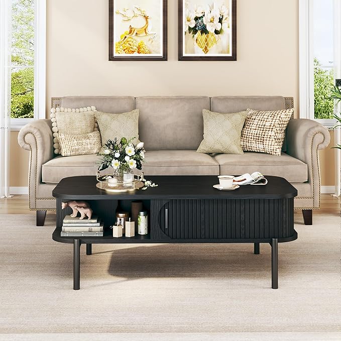 Coffee Table, 39.4" Mid Century Modern Coffee Tables for Living Room, Coffee Table with Storage Open Shelf, Fluted Table with Sliding Cabinet Door, 2-Tier Rustic Wood Desktop, Black