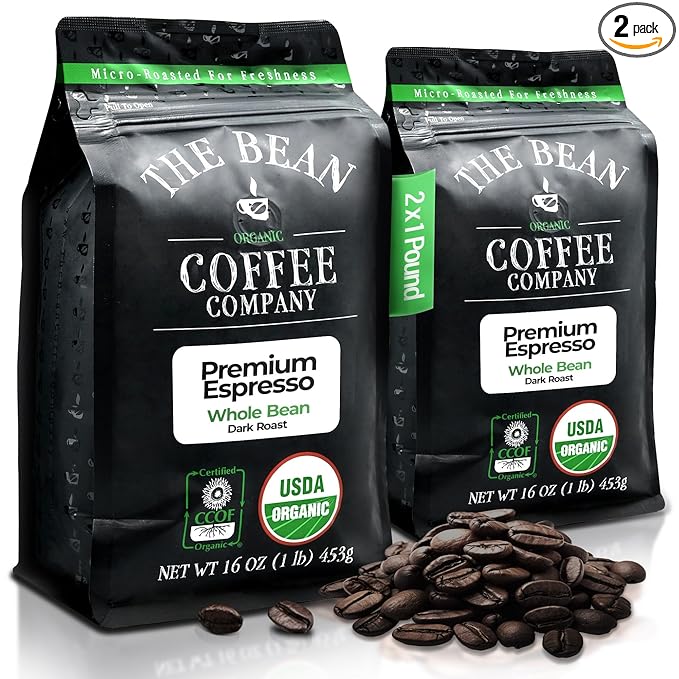 The Bean Organic Coffee Company Premium Espresso, Dark Roast, Whole Bean Coffee, 16-Ounce Bags (Pack of 2)