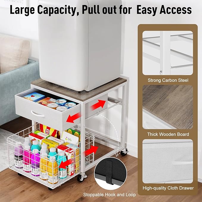 Housolution Mobile Mini Fridge Stand with Storage, Height-Adjustable Mini Beverage Fridge Table, Coffee Bar, 200 lbs Heavy-Duty Compact Refrigerator Shelf with Rolling Cabinet for Kitchen Home, White